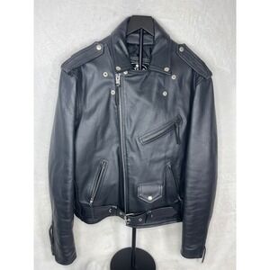 River Road Black Leather Motorcycle Biker Jacket Size 44